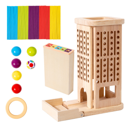 Joc Plunk 3 in 1 din lemn – turn cu betisoare si bile colorate [6]