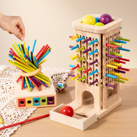Joc Plunk 3 in 1 din lemn – turn cu betisoare si bile colorate [1]