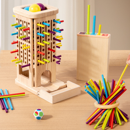 Joc Plunk 3 in 1 din lemn – turn cu betisoare si bile colorate [2]