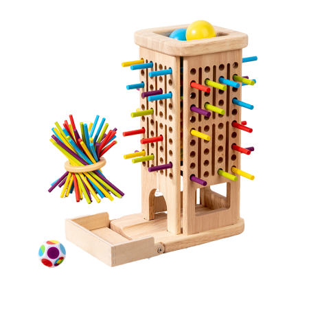 Jucarii Educative & Invatare - Joc Plunk 3 in 1 din lemn – turn cu betisoare si bile colorate