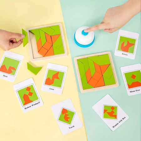Joc Tangram Battle din lemn – Provocări de logică cu forme geometrice și clopoțel [1]