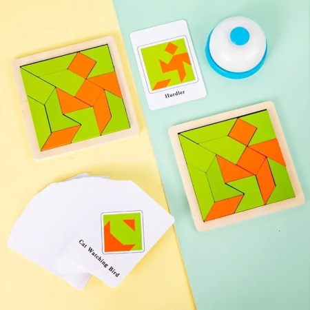 Joc Tangram Battle din lemn – Provocări de logică cu forme geometrice și clopoțel [2]