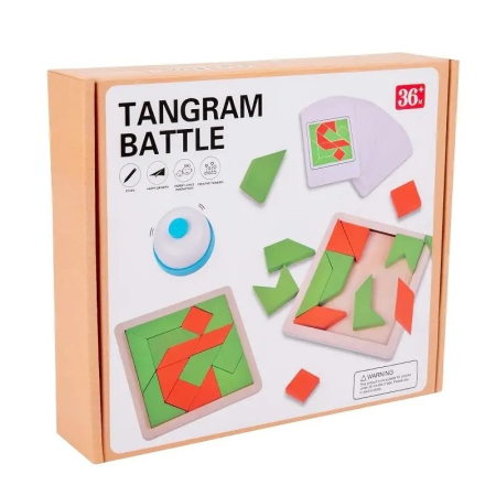 Puzzle & Jocuri de Logica - Joc Tangram Battle din lemn – Provocări de logică cu forme geometrice și clopoțel