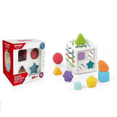 0–12 luni - Jucărie cub senzorial flexibil cu forme geometrice, multicolor