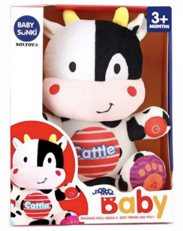 0–12 luni - Jucărie de pluș cu lumini și muzică Baby Sunku – văcuță alb-negru