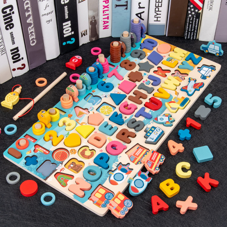 Jucarie educativa logaritmica Montessori 7 in 1 – Traffic Board din lemn cu cifre, forme si pescuit magnetic [2]
