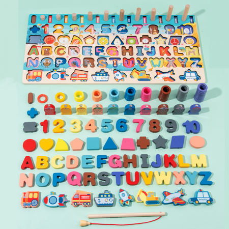 Jucarie educativa logaritmica Montessori 7 in 1 – Traffic Board din lemn cu cifre, forme si pescuit magnetic [1]