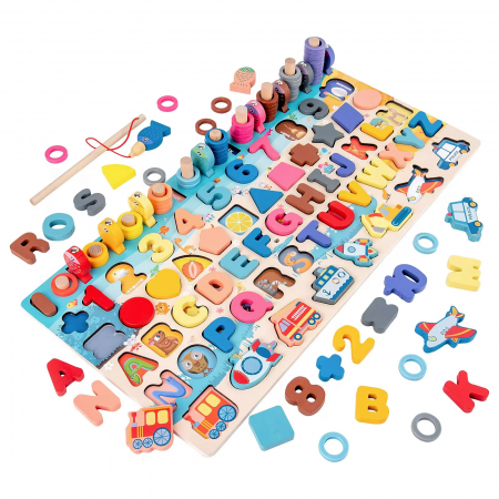 Jucarii educative - Jucarie educativa logaritmica Montessori 7 in 1 – Traffic Board din lemn cu cifre, forme si pescuit magnetic