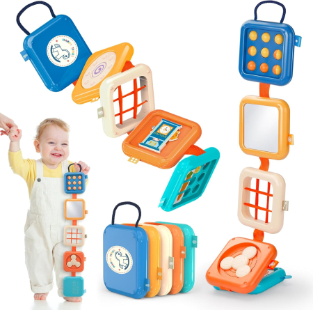 Jucărie educativă montessori busy board cu activități senzoriale, sortare forme și cuburi [1]