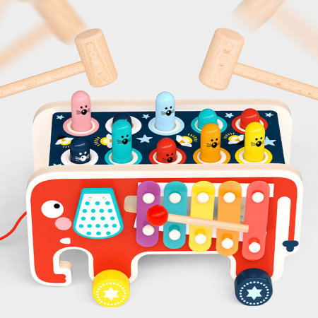 Jucărie Montessori motricitate 4 în 1 – elefant din lemn cu xilofon și sortator forme [1]