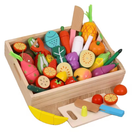 Jucarii din Lemn Natural - Lădiță din lemn cu 30 fructe și legume de feliat, 3 ani+