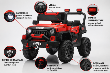 Mașină electrică 4x4 pentru copii cu scaun dublu, roți EVA și design off-road - Roșu [1]