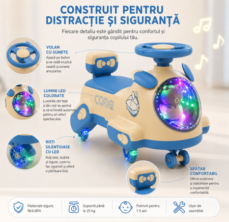Mașinuță ride-on pentru copii cu muzică și lumini - Albastru [3]