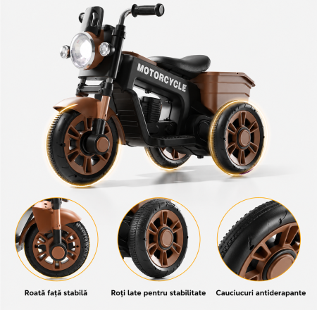 Motocicletă electrică retro 12V cu 3 roți, scaun din piele ecologică și compartiment de depozitare - Maro [1]