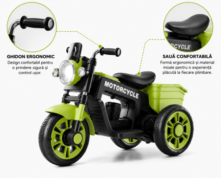 Motocicletă electrică retro 12V cu 3 roți, scaun din piele ecologică și compartiment de depozitare - Verde [2]