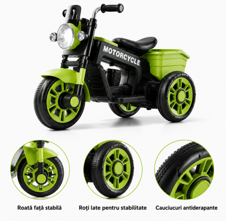 Motocicletă electrică retro 12V cu 3 roți, scaun din piele ecologică și compartiment de depozitare - Verde [1]