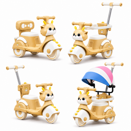 Motocicletă ride-on 4 în 1 pentru copii cu copertină și mâner parental - Crem [3]