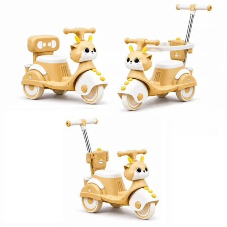 Masinute Electrice - Motocicletă ride-on 4 în 1 pentru copii cu copertină și mâner parental - Crem