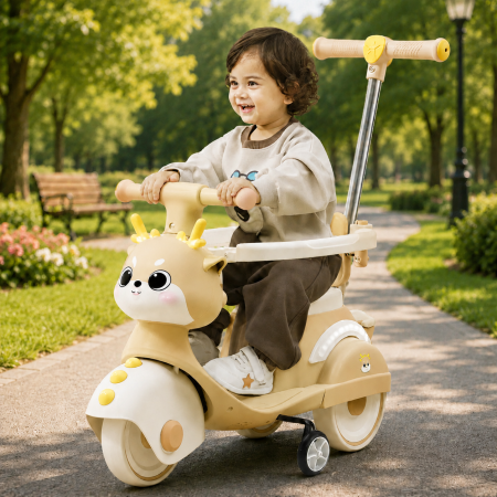 Motocicletă ride-on 4 în 1 pentru copii cu copertină și mâner parental - Crem [1]