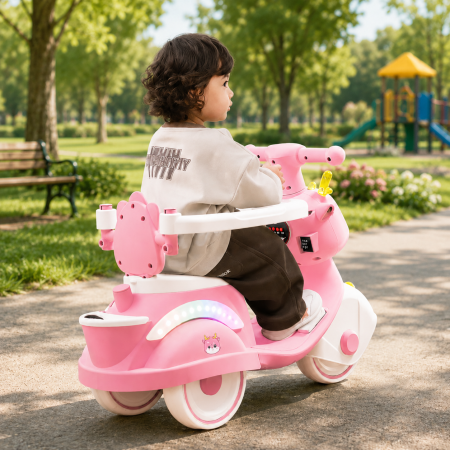 Motocicletă ride-on 4 în 1 pentru copii cu copertină și mâner parental - Roz [2]