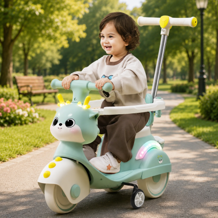 Motocicletă ride-on 4 în 1 pentru copii cu copertină și mâner parental - Verde [1]