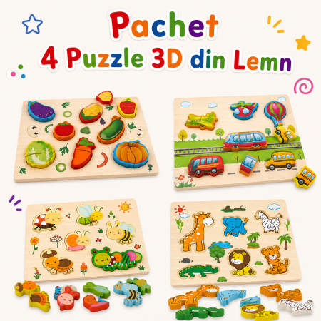 Jucarii din Lemn Natural - Set 4 Puzzle 3D din Lemn - Animale, Insecte, Vehicule, Legume