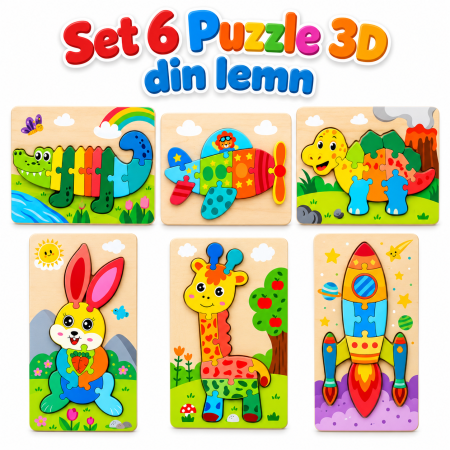 Toate Jucariile pentru Copii - Pachet 6 Puzzle-uri 3D din Lemn cu Piese Groase - 3 ani +