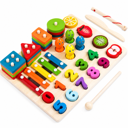 Pachet Montessori copii 2.5 ani – jucarie 5 in 1 din lemn, camion cu activitati si turn de stivuit cu cifre [1]