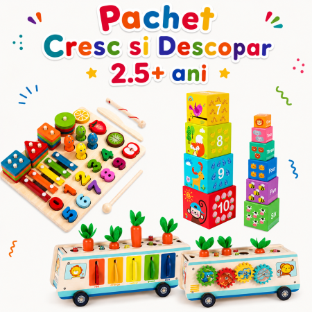 Pachete ZukiToys - Pachet Montessori copii 2.5 ani – jucarie 5 in 1 din lemn, camion cu activitati si turn de stivuit cu cifre