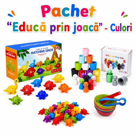 Pachete ZukiToys - Pachet 3 jocuri de sortare culori pentru copii 3 ani – Montessori 12 culori si dinozauri