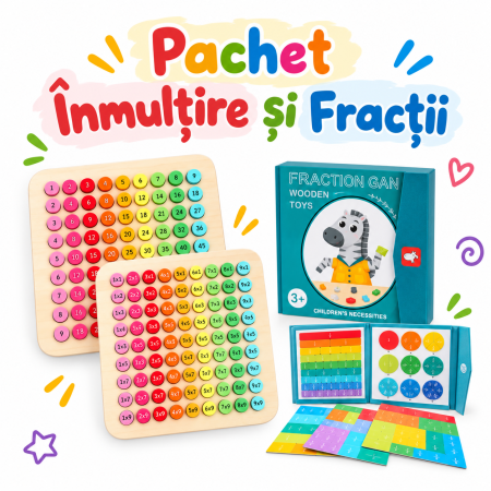 Toate Jucariile pentru Copii - Pachet Inmultire si Fractii: tabla inmultirii din lemn cu 81 cuburi si joc magnetic cu fractii