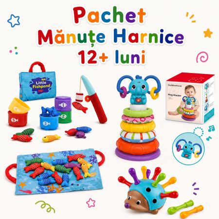 Pachete ZukiToys - Pachet 3 jucării bebeluși 12+ luni – Turn cu lumini, Arici Montessori, Pescuit cu scai