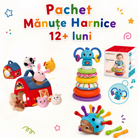 Jucarii Educative & Invatare - Pachet 3 jucării bebeluși 12+ luni – Turn cu lumini, Arici Montessori, Pescuit cu scai