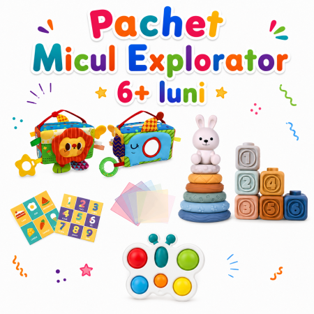 Pachete ZukiToys - Pachet senzorial bebelusi 6 luni – turn stivuire silicon iepuras, cutie senzoriala si fluturas Pop It