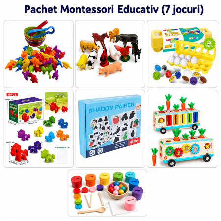 Educatie prin joaca - Pachet Montessori 7 jocuri educative pentru copii – sortare, potrivire si numarat