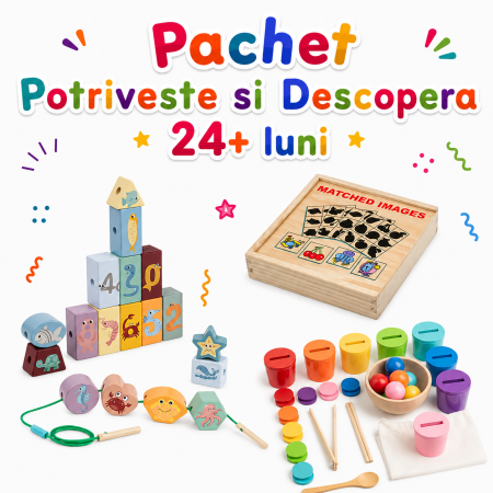 Pachete ZukiToys - Pachet Montessori din lemn copii 2 ani – sortare culori cu pahare, puzzle umbre si cuburi de snuruit