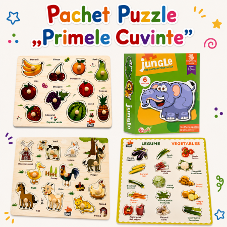 Pachet 4 Puzzle Lemn - Fructe, Legume, Animale 18+ [0]
