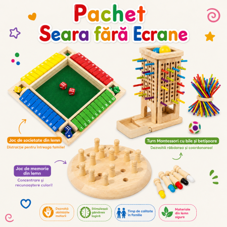 Jucarii din Lemn Natural - Pachet Vacanta la Bunici - 3 Jocuri din Lemn | ZukiToys