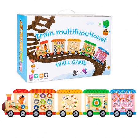 Jucarii Interactive & Sensoriale - Panou educativ de perete în formă de tren – Activități cu litere, numere și forme