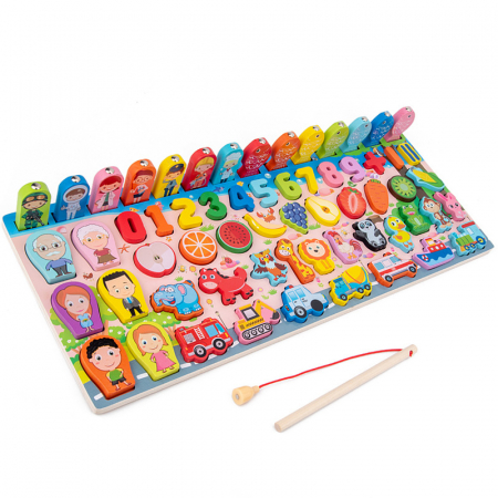 Jucarii educative - Placa logaritmica educativa din lemn 6 in 1 – cifre, forme, inele, pescuit si sortare Montessori