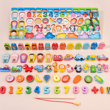 Placa logaritmica educativa din lemn 6 in 1 – cifre, forme, inele, pescuit si sortare Montessori [4]
