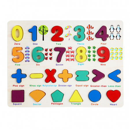 Jucarii sub 50 lei - Puzzle 3D din lemn cu cifre 0-9, operații și forme geometrice | ZukiToys.ro