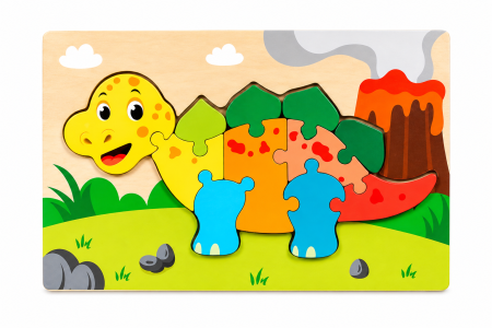 Toate Jucariile pentru Copii - Puzzle 3D Dinozaur din Lemn cu 10 Piese Groase - 3 ani +