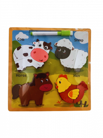 Jucarii educative - Puzzle din lemn 3D cu animale domestice+ tablita de desen cu marker – 16 piese