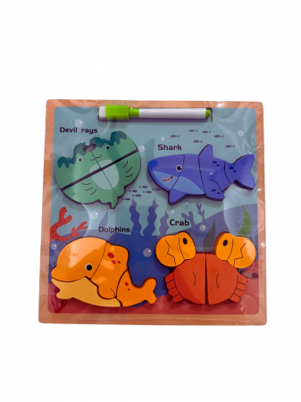 Jucarii educative - Puzzle din lemn 3D cu animale marine + tablita de desen cu marker – 16 piese