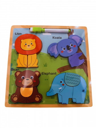 Jucarii educative - Puzzle din lemn 3D cu animale + tablita de desen cu marker – 16 piese