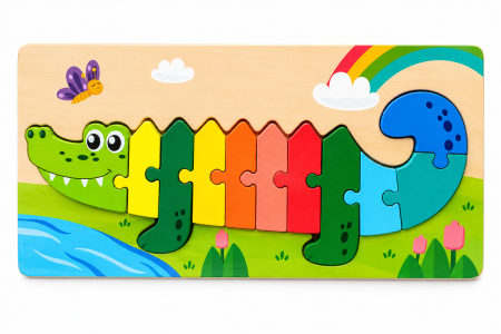 Toate Jucariile pentru Copii - Puzzle din Lemn 3D cu Crocodil Curcubeu - 3 ani +