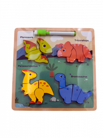 Jucarii educative - Puzzle din lemn 3D cu dinozauri + tablita de desen cu marker – 16 piese