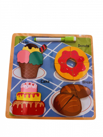 Jucarii educative - Puzzle din lemn 3D cu dulciuri + tablita de desen cu marker – 16 piese