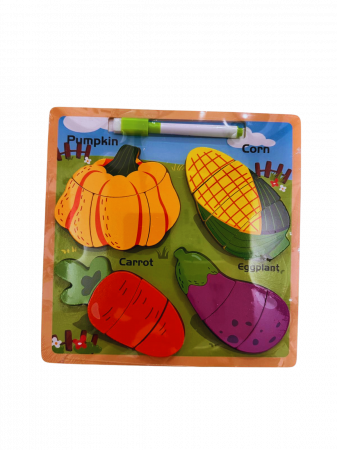 Jucarii educative - Puzzle din lemn 3D cu legume + tablita de desen cu marker – 16 piese